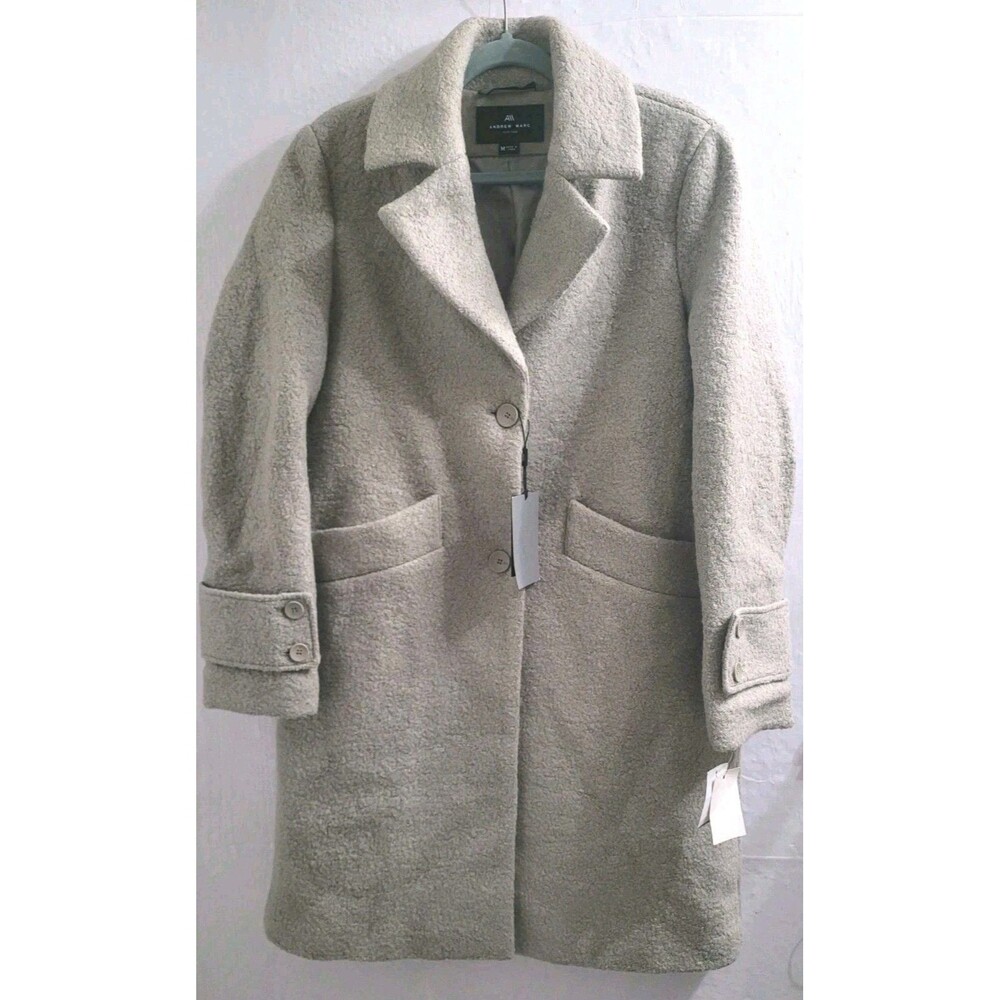 Andrew Marc Regine Wool Boucle Coat Women M Stone NWT $350 Long Tailored